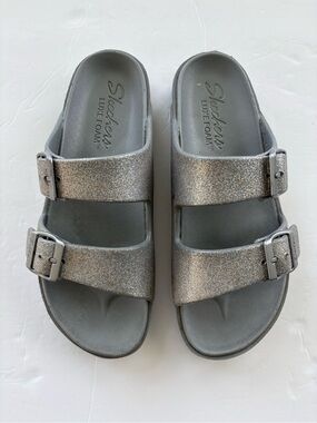 Skechers Silver Glitter Dual-Buckle Luxe Foam Slides -Size 9